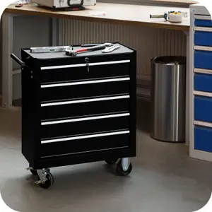 Tool Box - with wheels, 5 drawers, central locking system - black