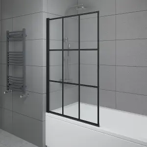 SunDaze 6mm Toughened Safety Glass Black Grid Straight Pivot Shower Bath Screen - 1400x800mm