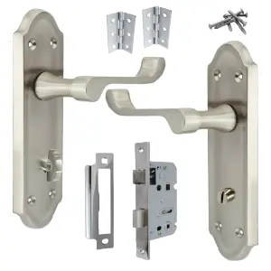 Ashford Door Handle Bathroom Lock Scroll Lever - Satin Bath Pack Hinges