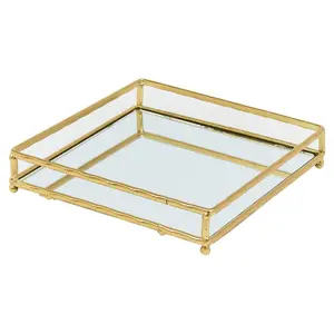 URBNLIVING Height 4cm Set of 2 Gold Metal Frame Square Mirror Tray Set Vanity Perfume Makeup Candle Trinket Tray