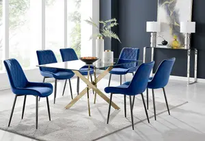 Furniturebox UK Leonardo 6 Gold Dining Table and 6 Navy Pesaro Black Leg Chairs