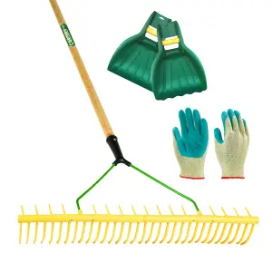 Pegdev - PDL - 32 Tooth Polypropylene Landscape Rake with Leaf Scoop Grab & Gardening Gloves - Complete Garden Set.