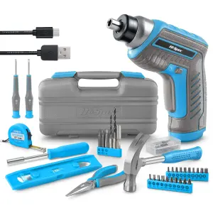 Hi-Spec 35pc Blue 3.6V USB Power Cordless Screwdriver & Home Repair Hand Tool Kit Set. Electric Screwdriving in Tool Box