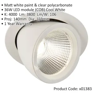 Fully Adjustable Recessed Ceiling Downlight - 36W Cool White LED - Matt White