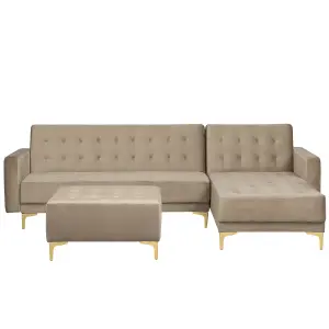 Corner Sofa with Ottoman ABERDEEN Sand Beige Velvet Left Hand