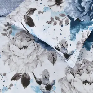 Sleepdown Inky Floral Blue Duvet Set Quilt Cover Reversible Polycotton Bedding King Size