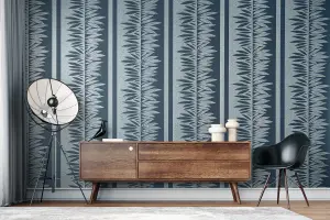 Galerie Slow Living Night Blue Passion Leaf Stripe 3D Embossed Glitter Wallpaper Roll