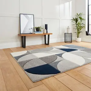 Geometric Modern Grey Navy Rug-80cm X 150cm