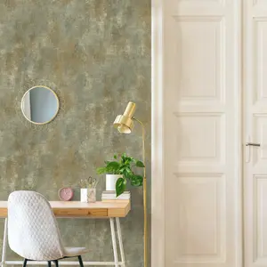 Grandeco Distressed Metallic Plaster Effect Plain Wallpaper, Sage