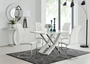 Furniturebox UK Mayfair 4 White High Gloss And Stainless Steel Dining Table And 4 White Murano Chairs