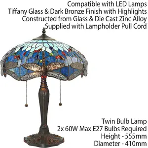 Tiffany Glass Table Lamp Light Dark Bronze Base & Blue Dragonfly Shade i00192