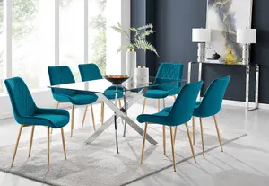 Furniturebox UK Leonardo 6 Dining Table and 6 Blue Pesaro Gold Leg Chairs