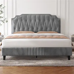 Upholstered Bed Frame with with Button-Tufted Headboard Light Grey / King