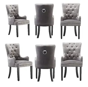 Set of 6 Windsor Knocker Back Dining Chairs Velvet Dining Room Chair w/ Armrest Dark Grey