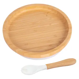 Bamboo Round Baby Weaning Plate & Fork Set - White