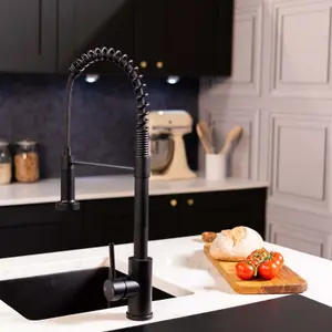 Flode Fjadra Pull Out Kitchen Sink Mixer Tap Spring Style Mixer Tap Matt Black Round Head