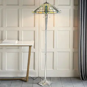 1.6m Tiffany Multi Light Floor Lamp Aluminium & Stained Glass Shade i00020