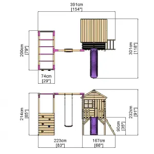 Rebo Orchard 4ft Wooden Children's Playhouse, Swings, Monkey Bars, Deck & 6ft Slide - Single Swing - Solar Purple