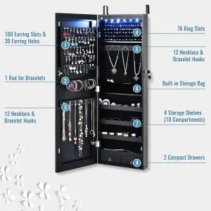 Costway Lockable LED Lights Jewelry Cabinet W/ Mirror Wall/Door Mounted Jewelry Armoire