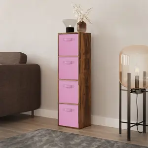 URBNLIVING 106cm Height Rustic Brown 4-Tier Cube Shelving Unit with Light Pink Inserts