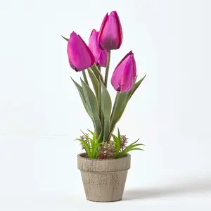 Homescapes Dark Purple Artificial Tulips Grey Decorative Stone Pot, 27 cm