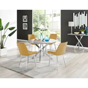 Tierra Modern Chrome Metal & Glass Round Dining Table Set with 4 Luxury Velvet Dining Chairs Silver / Mustard/Silver / 75 x 120 x 120cm