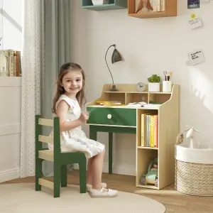 AIYAPLAY Kids Desk and Chair Set with Storage Shelves, Drawer, Green