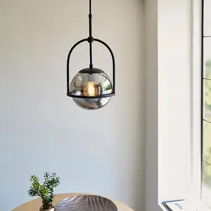 Luminosa Trieste Globe Pendant Ceiling Light Matt Black, Smoked Mirror Glass