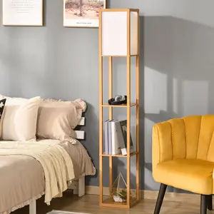 HOMCOM Floor Lamp Reading Lamp with 3-Tier Storage Shelf for Home Office Natural