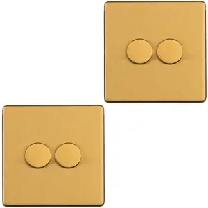 2 PACK 2 Gang Dimmer Switch 2 Way LED SCREWLESS SATIN BRASS Light Dimming Wall