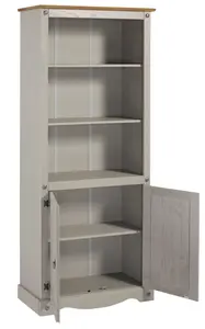 Mercers Furniture Corona Grey Wax 2 Door Bookcase 3 Shelf Display Cabinet Solid Pine with Mexican Styling