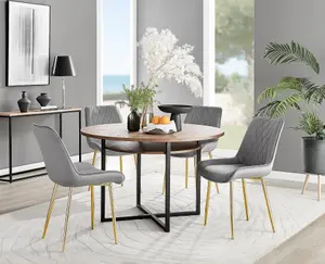 Adley Brown Wood Effect And Black Round Dining Table with Storage Shelf and 4 Grey Velvet Gold Leg Pesaro Dining Chairs