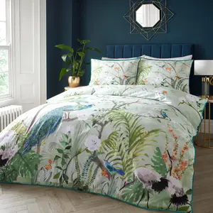 Peacock Jungle Cotton No Pattern Duvet Cover Set with Pillowcases Super King - 2 Standard Pillowcases