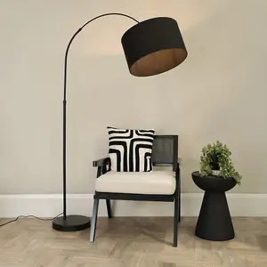 ValueLights Louis Black Arched Curved Floor Lamp with Black Fabric Drum Lamp Shade