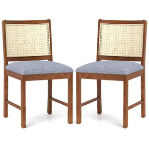 COSTWAY Rattan Dining Chair Set of 2 Wooden Upholstered Kitchen Side Armless Chairs