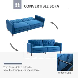 HOMCOM Convertible Sofa Futon Velvet-Touch Tufted Couch Sofa Bed Blue