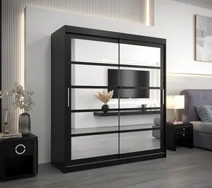 Roma II Black Modern Sliding Door Wardrobe H2000mm W1800mm D620mm with Mirrored Panels and Silver Handles