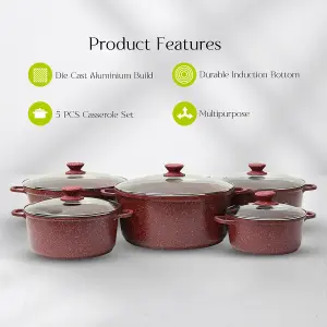 Royalford 5Pcs Die-Cast Aluminium Stockpot  Casserole Dish Set with Glass Lids Non-Stick, Granite Coating