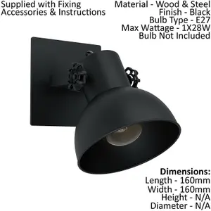 LED Wall Light / Sconce Black Steel Adjustable Round Shade 1 x 28W E27 Bulb