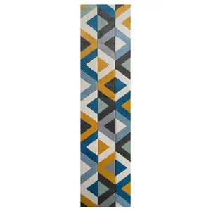 Navy Blue Ochre Diamond Geometric Living Area Runner Rug 60x240cm