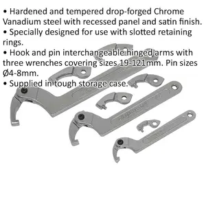 11 Pack - Adjustable C Spanner Set - Hook & Pin Retaining Ring Hinged Arm Wrench