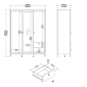 Madrid  Wardrobe with 2 doors + 1 mirror door + 2 drawers White