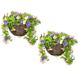 Pair of Artificial Petunia Flowers Rattan Hanging Basket Decoration Pink Purple & White 25cm