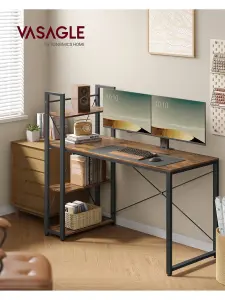 VASAGLE Computer Desk, Writing Desk With Storage Shelves On Left Or Right,  Easy Assembly,  Rustic Brown And Black,Ebony Black