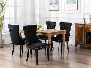 Set of 6 Lux Velvet Kitchen Dining Chairs with Pull Knocker Ring Back Black Home Office Bedroom Chairs