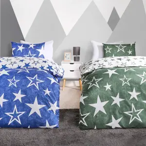 Duvet Cover Set Reversible 2 x Star Quilt Pillowcases, Navy/Green - Single