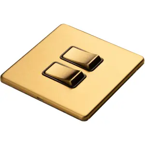 2 Gang Double Light Switch SCREWLESS SATIN BRASS 2 Way 10A Metal Rocker Slim