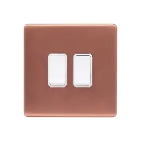 Brushed Copper Screwless Plate 10A 2 Gang 2 Way Light Switch - White Trim - SE Home