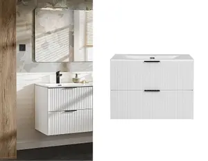 White Vanity Unit 800mm Sink Bathroom Cabinetry Ribbed Textured Wall Hung Cabinet with Drawers Adel