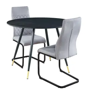 Hallowood Furniture Finley Small Round Dining Table in Black Finish with 2 High Back Light Grey Fabric Chairs